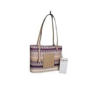 LOEWE Square Basket Handbag Beige Tan Purple Raffia Leather Anagram
